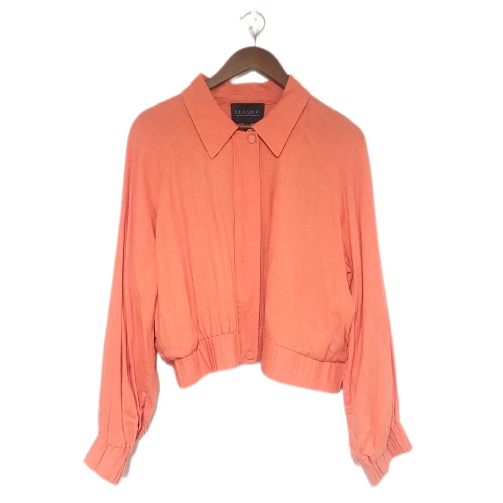 ELOQUII Coral Orange Zip Front Cropped Bomber Jacket‎ Linen Blend Plus Size 16